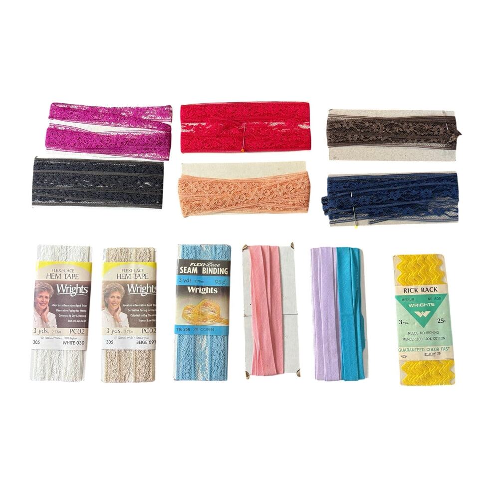 Vintage Sewing Supplies- Bias Tape Lace Trims- Lot of 12 Assorted Colors Lengths